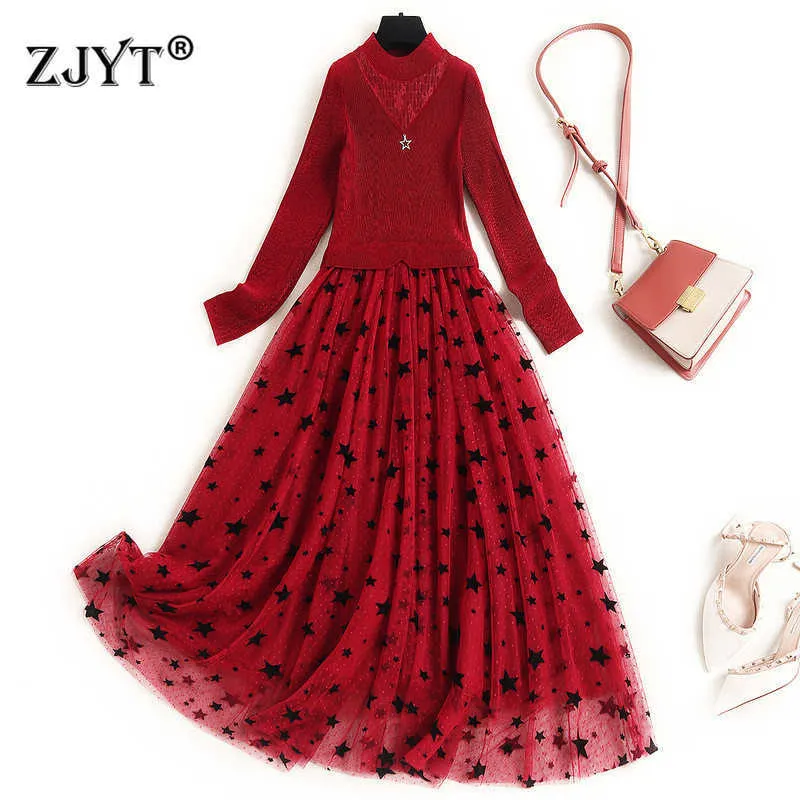 Élégants femmes designers Robe de printemps Vêtements à manches longues Mesh patchwork Mid Calf Aline Red Party Robe Femme Sexy Wedding Vestido 210601