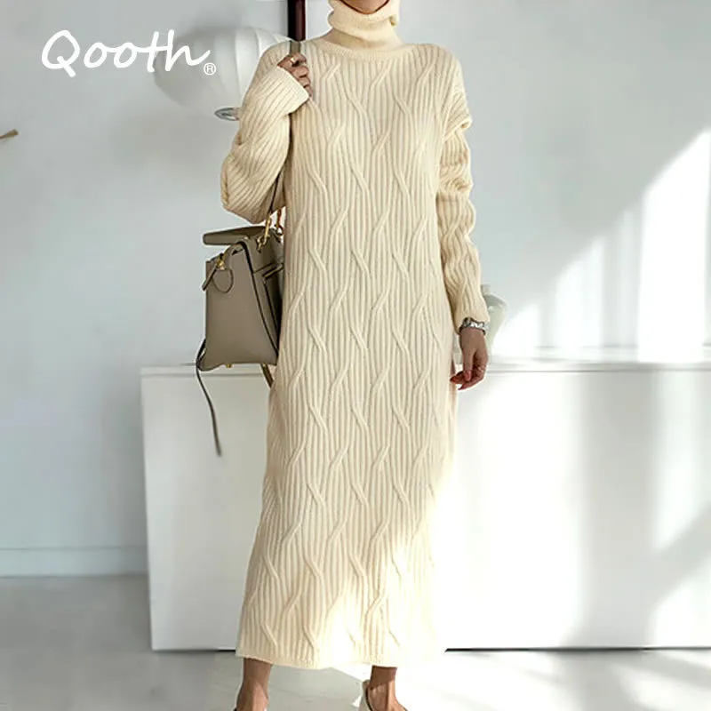 Qooth Sweater Women Loose Plain Color Long Sleeve Crochet Top Maxi Pullovers O neck Jumper Women Jacquard Jumper QT370 210518