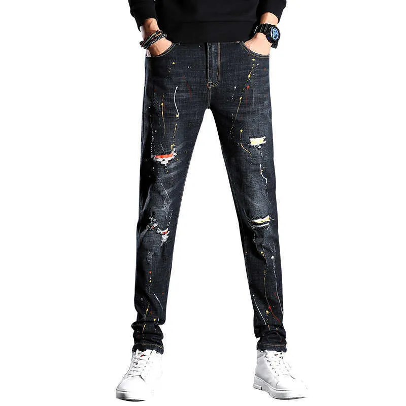 Mäns Bläck Graffiti Jeans 2021 Vår Höst Ny Fashion Black Gray Hole Denim Byxor Regular Fit Stretch Trousers Male Brand, 721 x0621