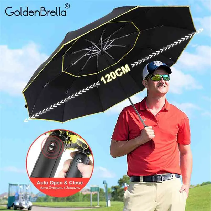 120cm Parapluie entièrement automatique pluie femmes double grand 3 pliant résistant au vent grands hommes de haute qualité voiture d'affaires parapluie 210721