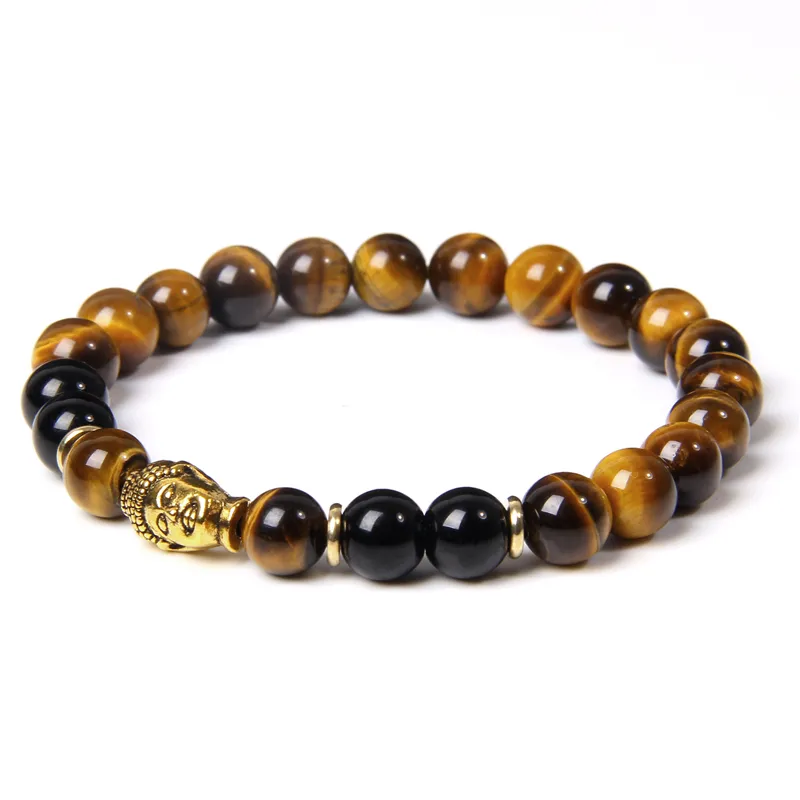 Kvinnors Mäns Naturlig Tiger Eye Stone Bead Armband Golden Buddha Head Faith Amulet Buddhism Blue Red Yellow Bracelets Present