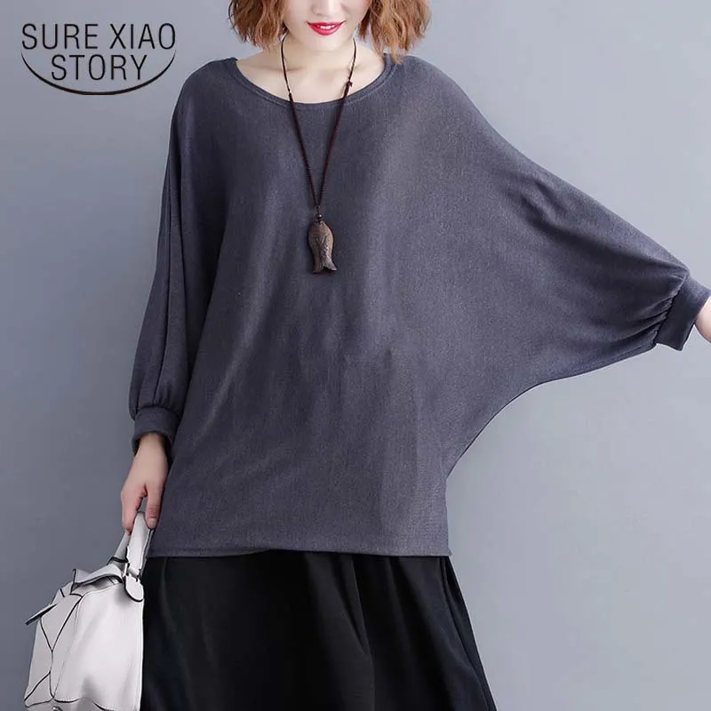 Koreańscy długie plus size koszulki z bluzki na ramię dla kobiet Solid O-Neck Batwing Sleeve 3141 50 210415