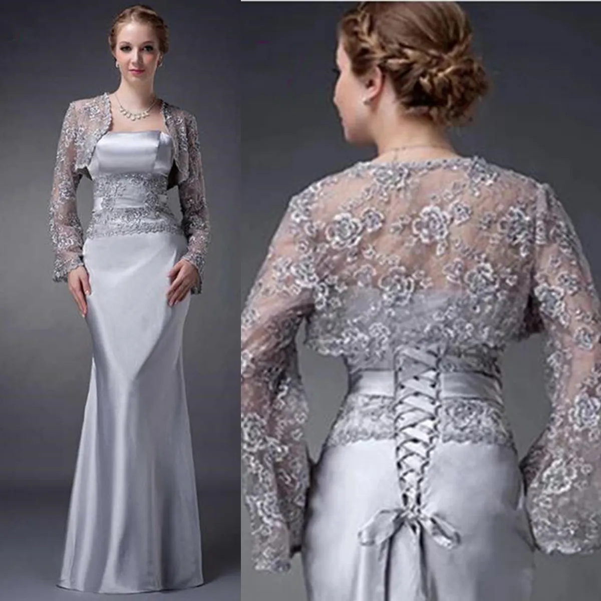 Elegante argento sirena madre della sposa abiti con giacca corta in pizzo taglie forti donne maniche lunghe abiti da sera formale abito da sposa su misura