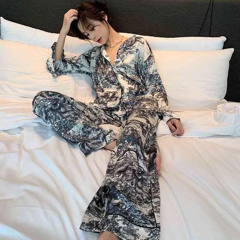Silk Satin Couple Pajama Set Long Sleeve Lounge Sleepwear For