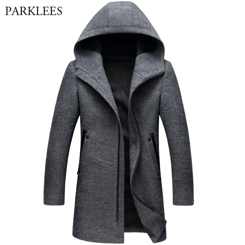 Men's Wool Coats Jackets Winter Cashmere Hooded Jacket Man Brand Mens Fashion Outerwear Warm Zipper Overcoat Woolen Pea Coat 3XL 211122