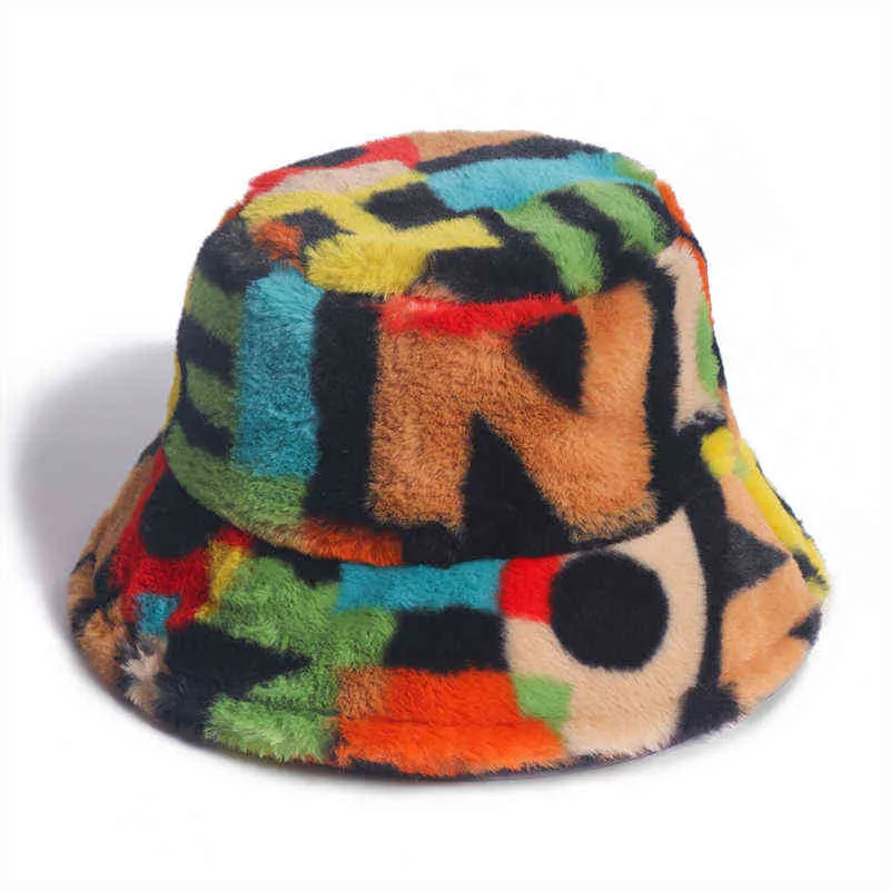 New Outdoor Multicolor Rainbow Faux Fur Letter Pattern Bucket Hats Women Winter Soft Warm Gorros Mujer fishing zebra Fashion G220311