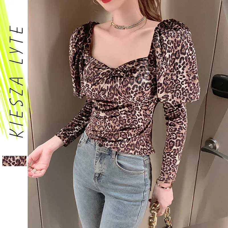 Women's Sexy Pullover Tee Tops Autumn Spring Long Puff Sleeve Leopard Print T-shirt Blouse Ladies Feminina Outerwear 210608