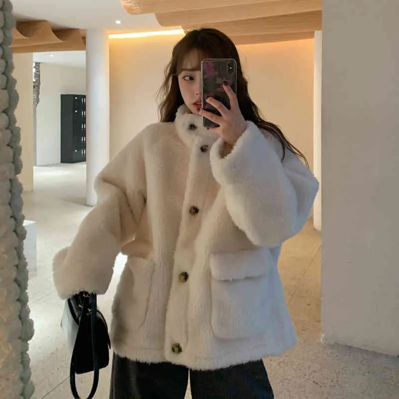 Outono e inverno estilo coreano cor sólida cordeiro cordeiro lã casacos quentes e jaquetas vintage mulheres (C2929) 210423