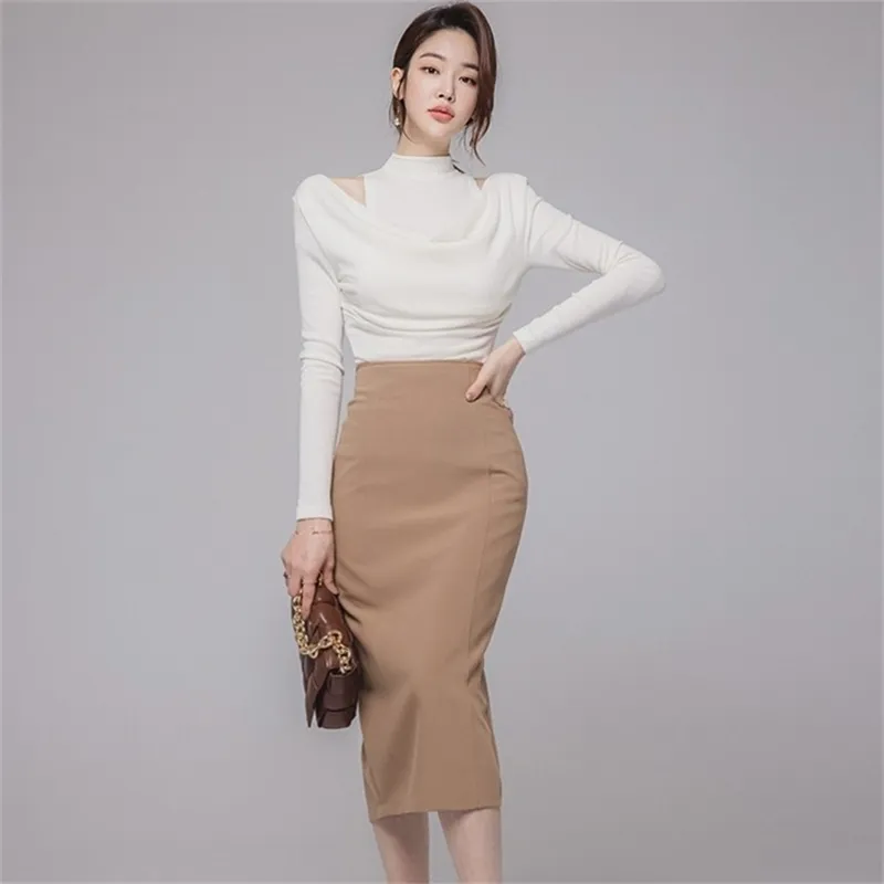 Elegant Ladies Casual Suit Spring Women Off Shouder Chic White Knitted Tops + Solid Hight Waist Sheath Skirt 2 Piece set 210603