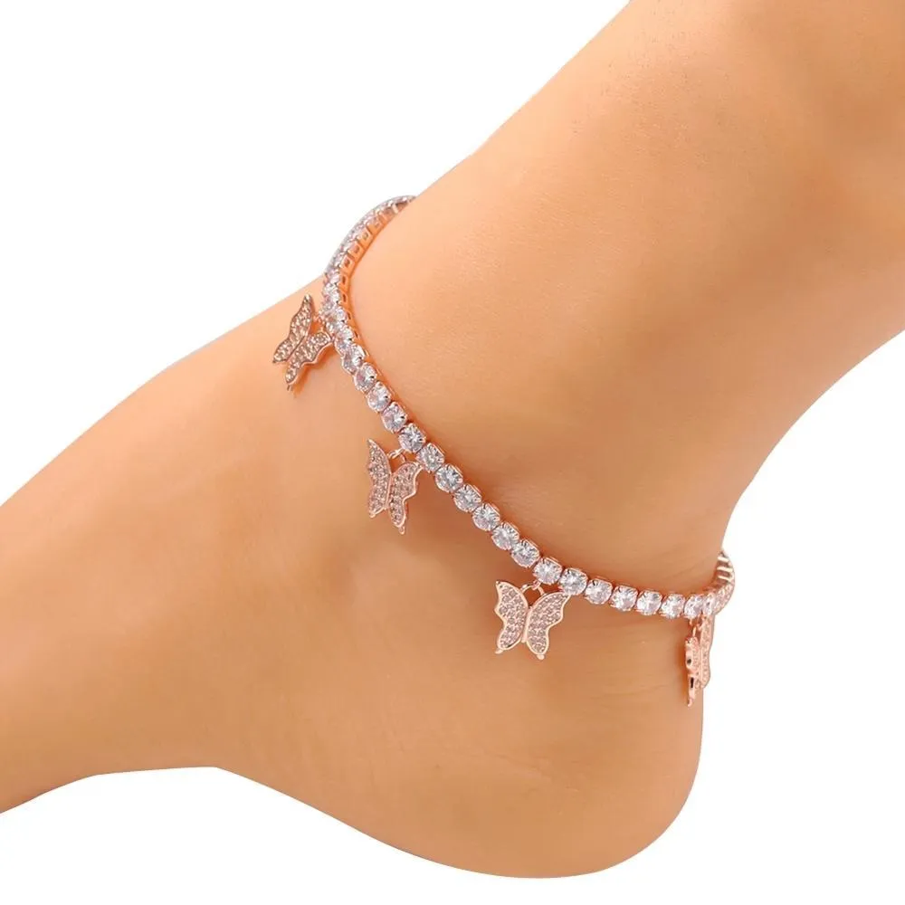 Hiphop Women Bling Iced Out Butterfly CZ Tennis Anklet pink for Female Anklets chain jewelry dropshipping