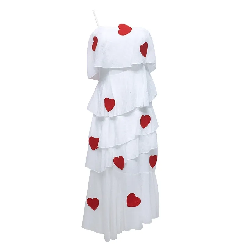 Branco coração vermelho apliques retro retalhos cascading plissado maxi vestido longo slash pescoço D0601 210514
