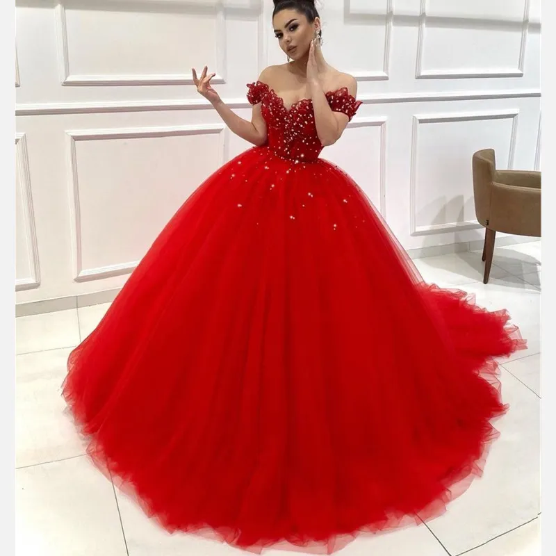 Sparkly Red Off The Ramię Quinceanera Suknie Ball Suknia Formalna Prom Evening 2021 Koronki Księżniczka Słodkie 15 16 Suknie Urodzinowe Suknie