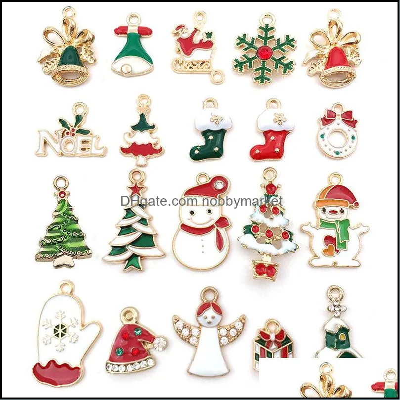 Mix 50pcs Christmas Charms Pendants for Bracelet Earring Findings Alloy Oil Drip Santa Snowman Bells DIY Jewelry Accessories Factory Direct