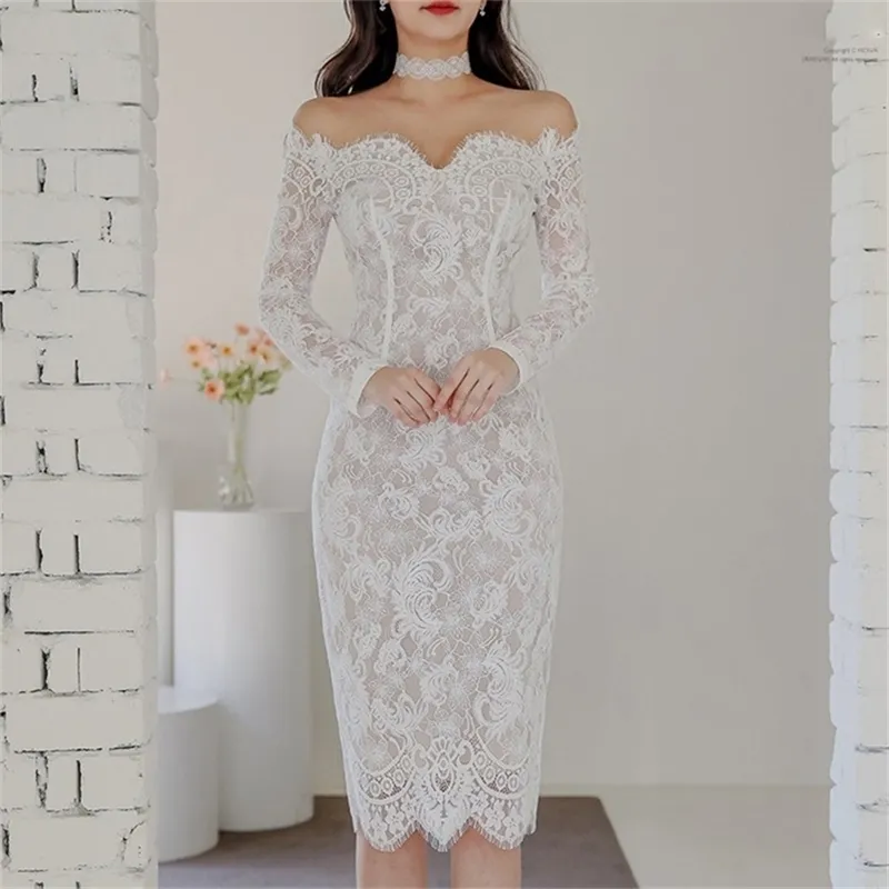 Spring Sexy Off shoulder Lace Patchwork Dress Women Slash neck Ruffles Female Pencil Elegant Party Sheath Vestidos 210603