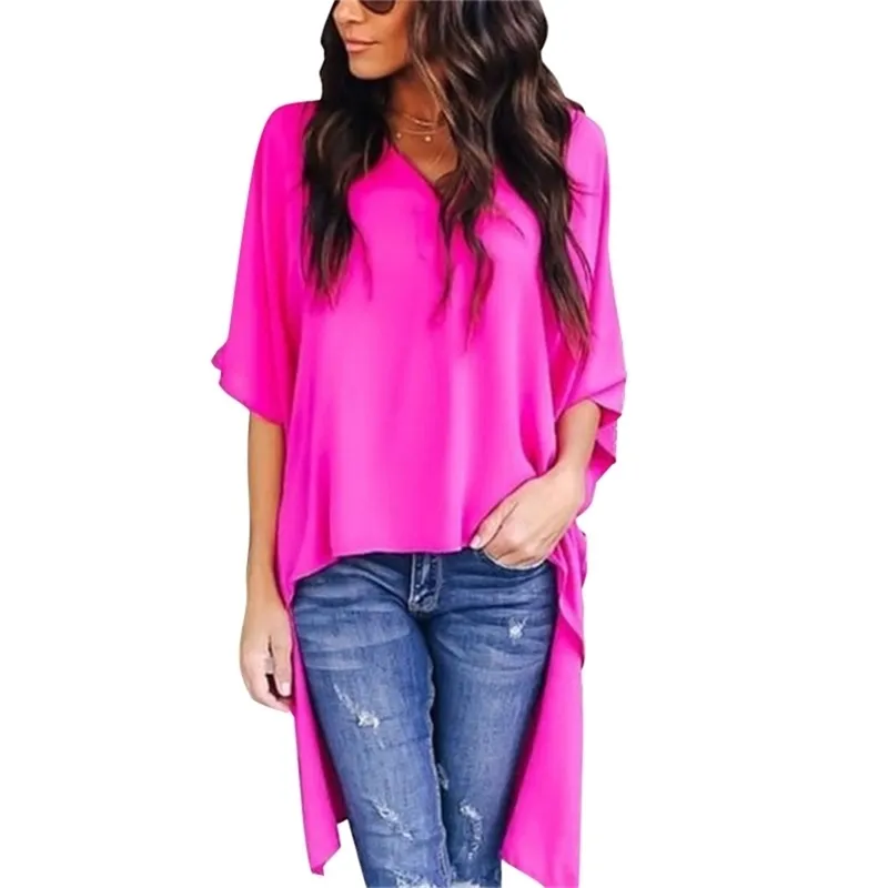 Kvinnor T Shirt Batwing Sleeve Oregular Svart Asymmetri Plus Storlek Lång -Shirt Ops Fashion 210513