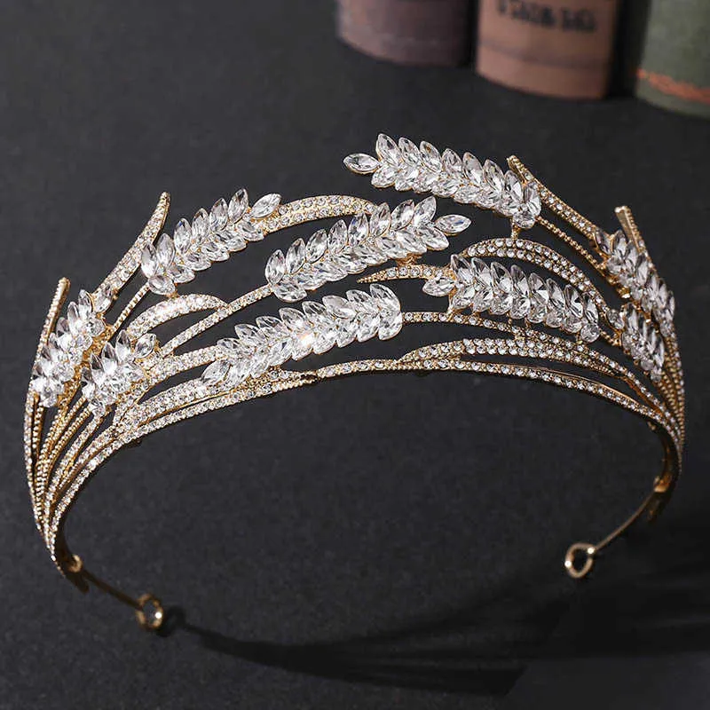 FORSEVEN Cristallo di lusso a forma di grano Corona fatta a mano color oro Sposa Tiara da sposa Copricapo con strass Accessorio per capelli da donna JL H0827