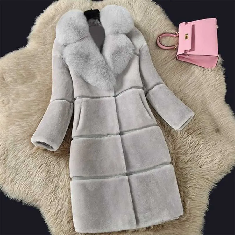 Women Fur Collar Jacket Autumn Winter Faux Wool Coat Long Warm Leather Outerwear 211220