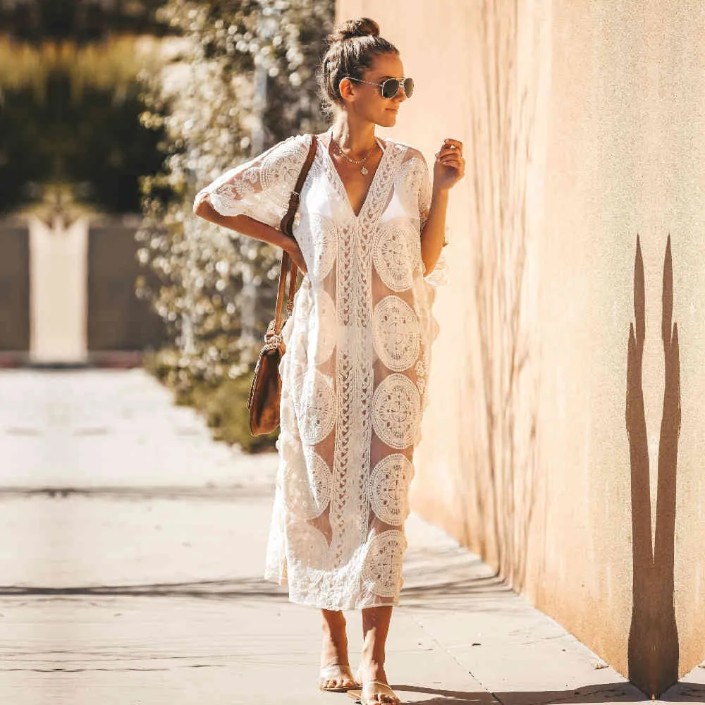 Kaftan Beach Pareo wear Swim suit Cover up Playa Tunics for Tunic Swimwear Women Lace Dress #Q880 210420