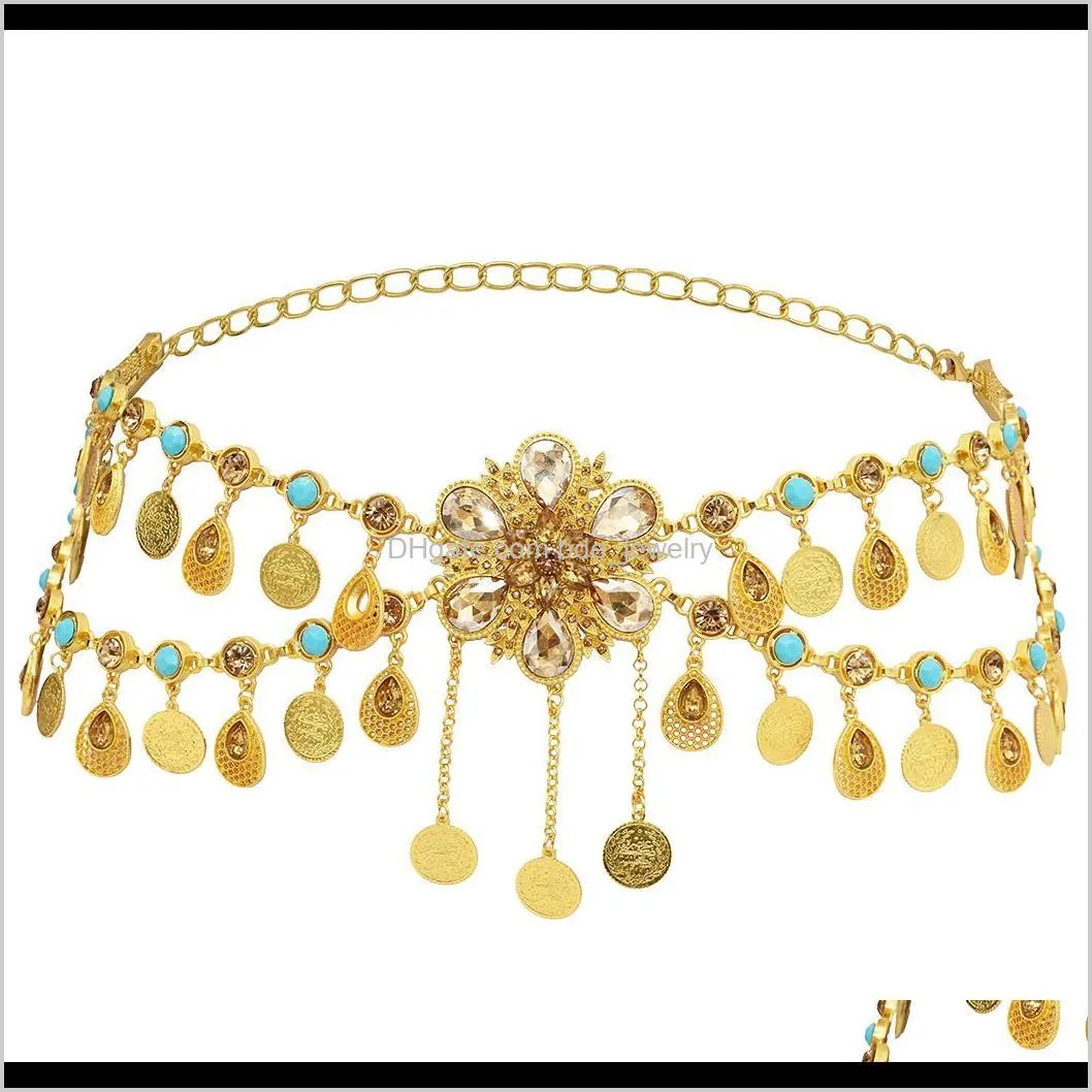 Catene Gioielli per il corpo Jewelryus Warehouse Turchia Sexy Ladies Pancia Vita Catena Tribal Gypsy Gold Sier Lega Fiore intagliato Indian Crystal Beach