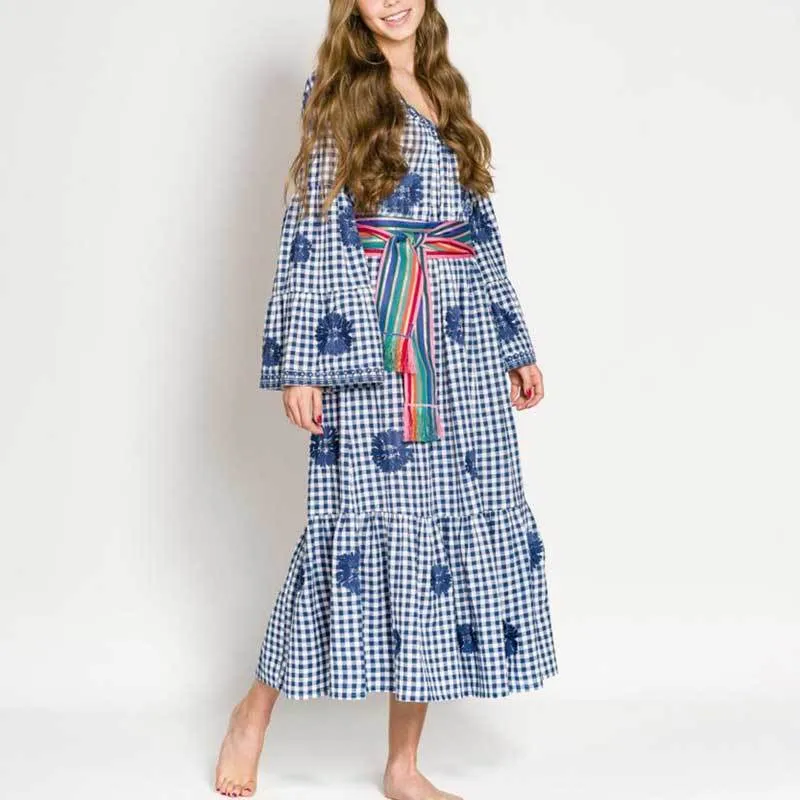 Chic Blue gingham gingham dress with Cotton V-neck and for Women - Inspired by Lorraine, Long Sleeve Midi gingham dress, Chic New Arrival (210412)