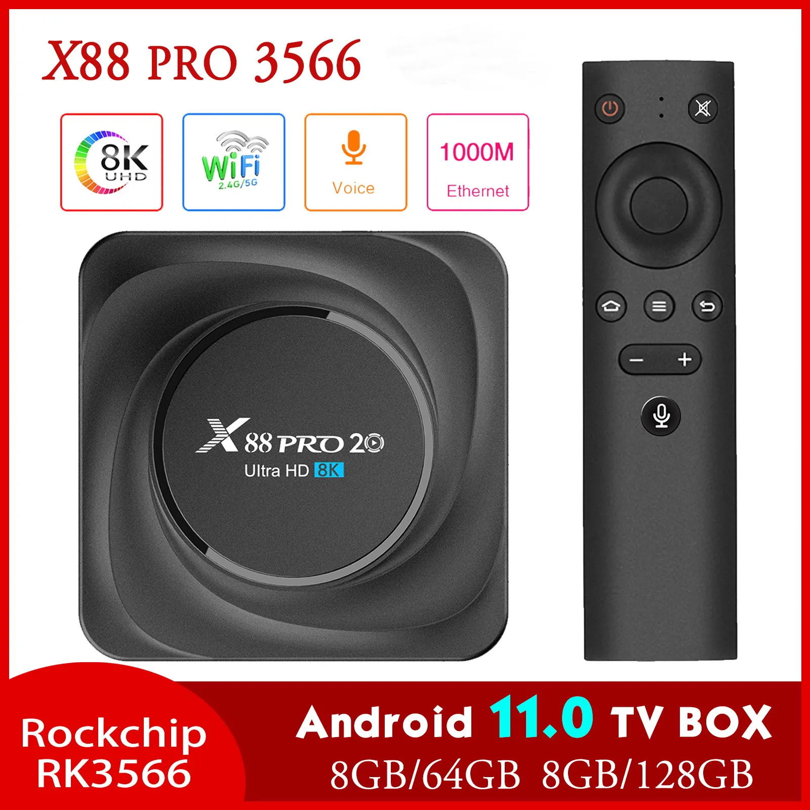 X88 Pro 20 TV Box Android 11 8GB RAM 128GB ROM ROM ROCKCHIP RK3566 8K مشغل الوسائط Google 1000M 4GB32GB