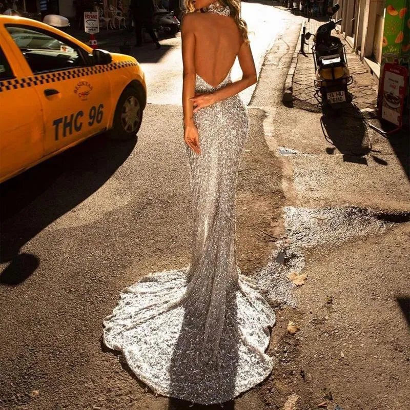 Sleeveless Maxi Dress Plus Size Silver Party Dress With Deep V Neck