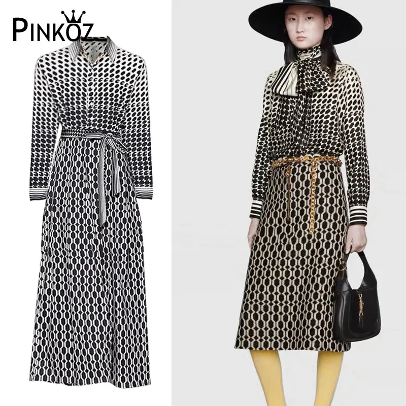 Designer Style Turn Down Collar Maxi Plaid Drukowane Długie Rękaw Party Casual Dress For Women Robe Mujer De Femme Vestidos 210421