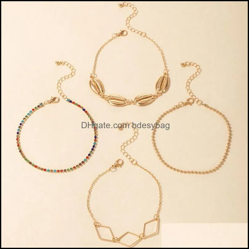 4pcs/sets Summer Shell Gold Color Anklet for Women Luxury Colorful Rhinestone Geometric Foot Chain Adjustable Jewelry