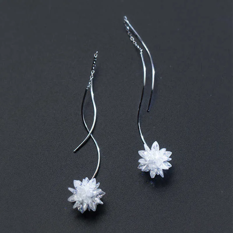 Fleur cristal blanche élégante boucle d'oreille pour femme en argent sterling 925 flora goutte de bijoux fins originaux 210707