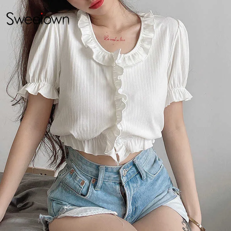 Sweetown Korean Fashion Ribbed Vit T-shirts Kvinna Kortärmad Rund Neck Sommar Toppar Ruffles Button Up Sweet Elegant Crop Tee Y0621