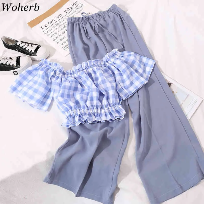 Summer Chiffon 2 Pieces Set Women Off Shoulder Plaid Crop Tops Blouse + Wide Leg Pants Casual New Suit Korean Outfit 210417