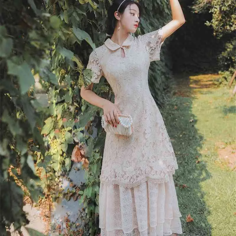 Beige Lace Ankle-Length Maxi Dress - Elegant Short Sleeve Summer vestidos elegantes color champagne for Women, Fits and Flare - Style 210603