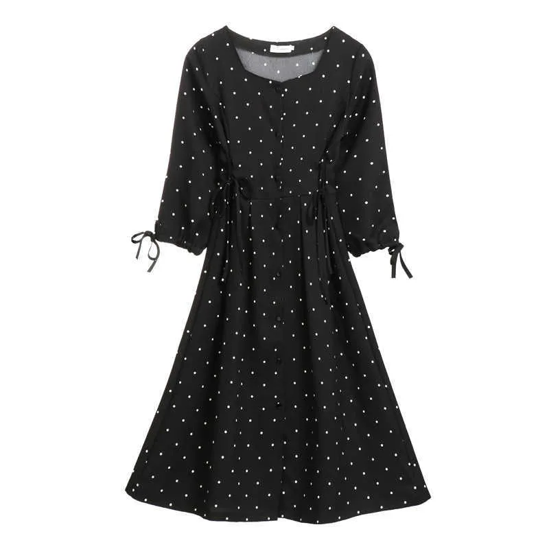 Misschien ben je Black Polka Dot V-hals Half Mouw Button Fit en Flare Midi Jurk Elegante Vintage Retro Zomer Herfst D0803 210529