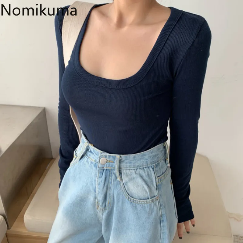 Nomikuma slim fit sexy tshirts vrouwen effen kleur vierkante kraag lange mouw korte t-shirts vrouwelijke koreaanse chique tops camisetas 210514