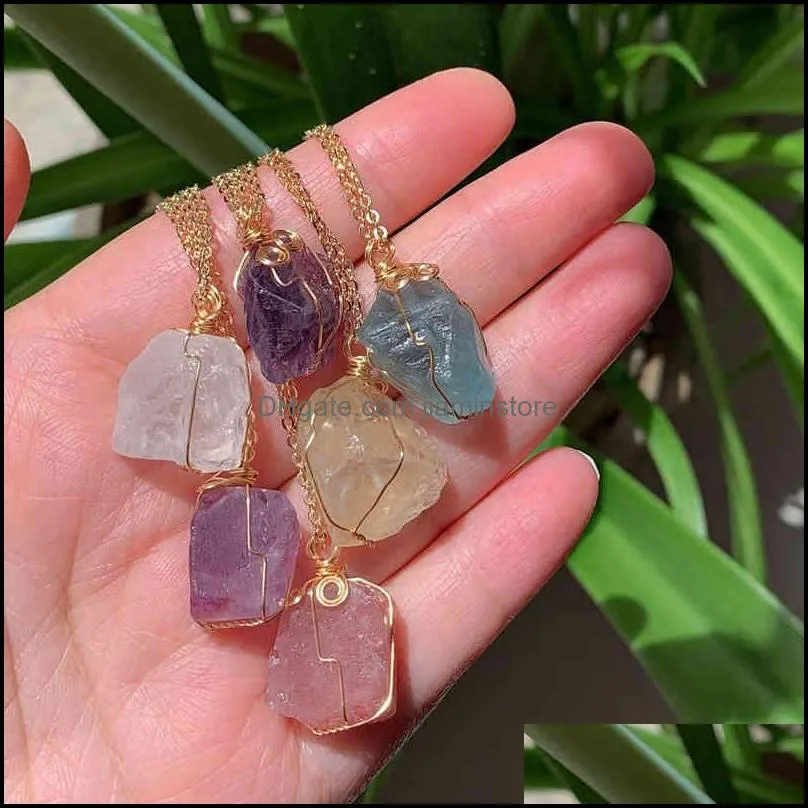 Natural Stone Pendant Small Rock Quartz Pendulum Amethysts Citrines Fluorite Pink Crystal Necklace for Women Healing