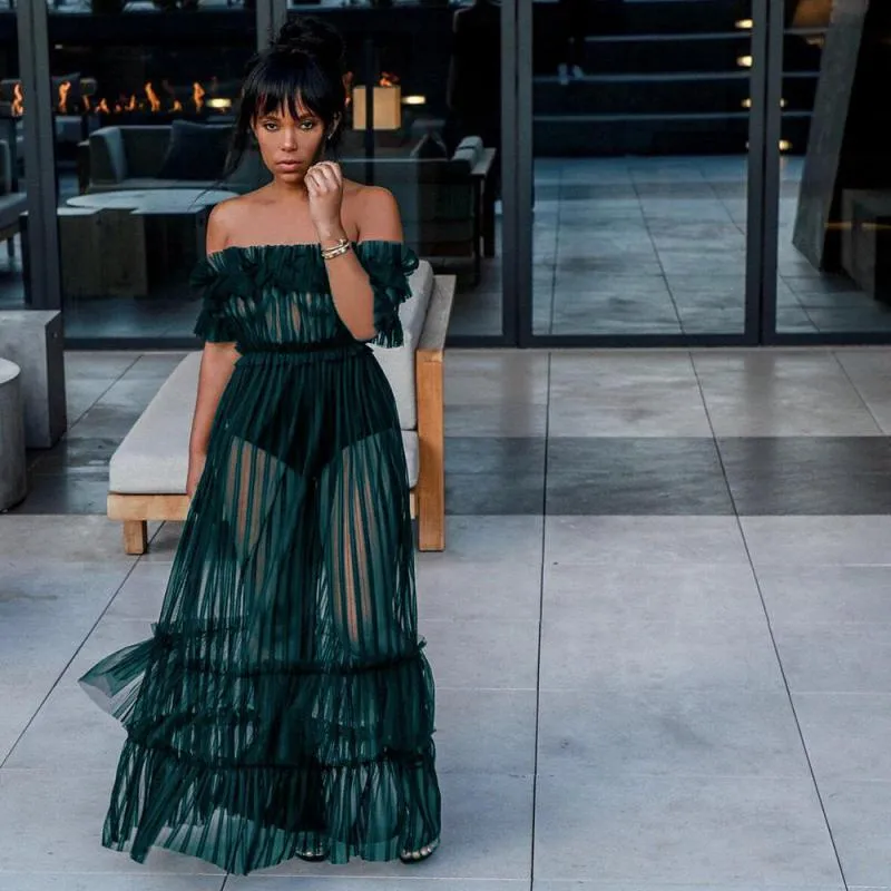 Summer Chic: Off-Shoulder Gauze tiered maxi dress with Hollow Out Design, Slash Neckline, and Long Hemline for Women's Fashionable Party - Style