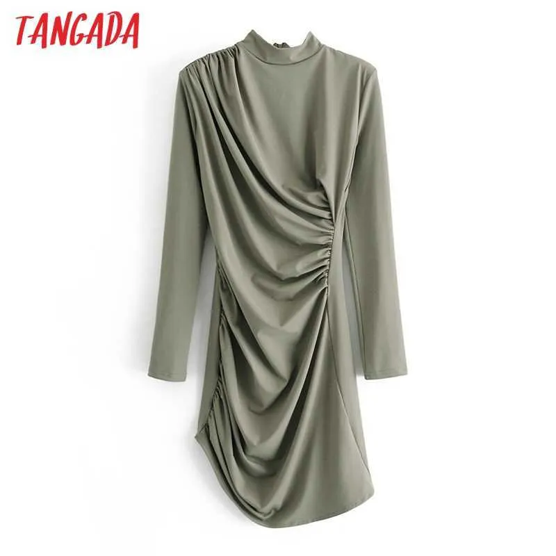 Tangada Women Solid Pleated Party Dress Back Zipper Long Sleeve Females Irregular Dresses Vestidos 3W35 210609