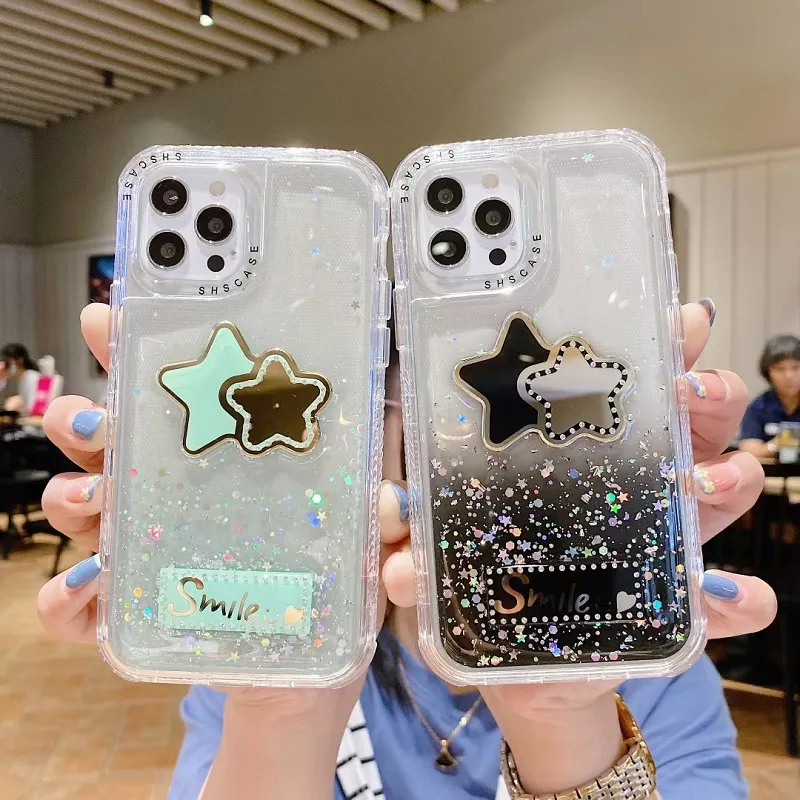 Gradienter Väskor Star Bling Cover 3In1 PC-ramar TPU med krockkuddar till iPhone13 12 mini Pro max 11 XR XS 8 SAMSUNGS21 PLUS Ultra A11 A31 A01 A12 A32 A51 A71 A52 A72 Anti-Slip