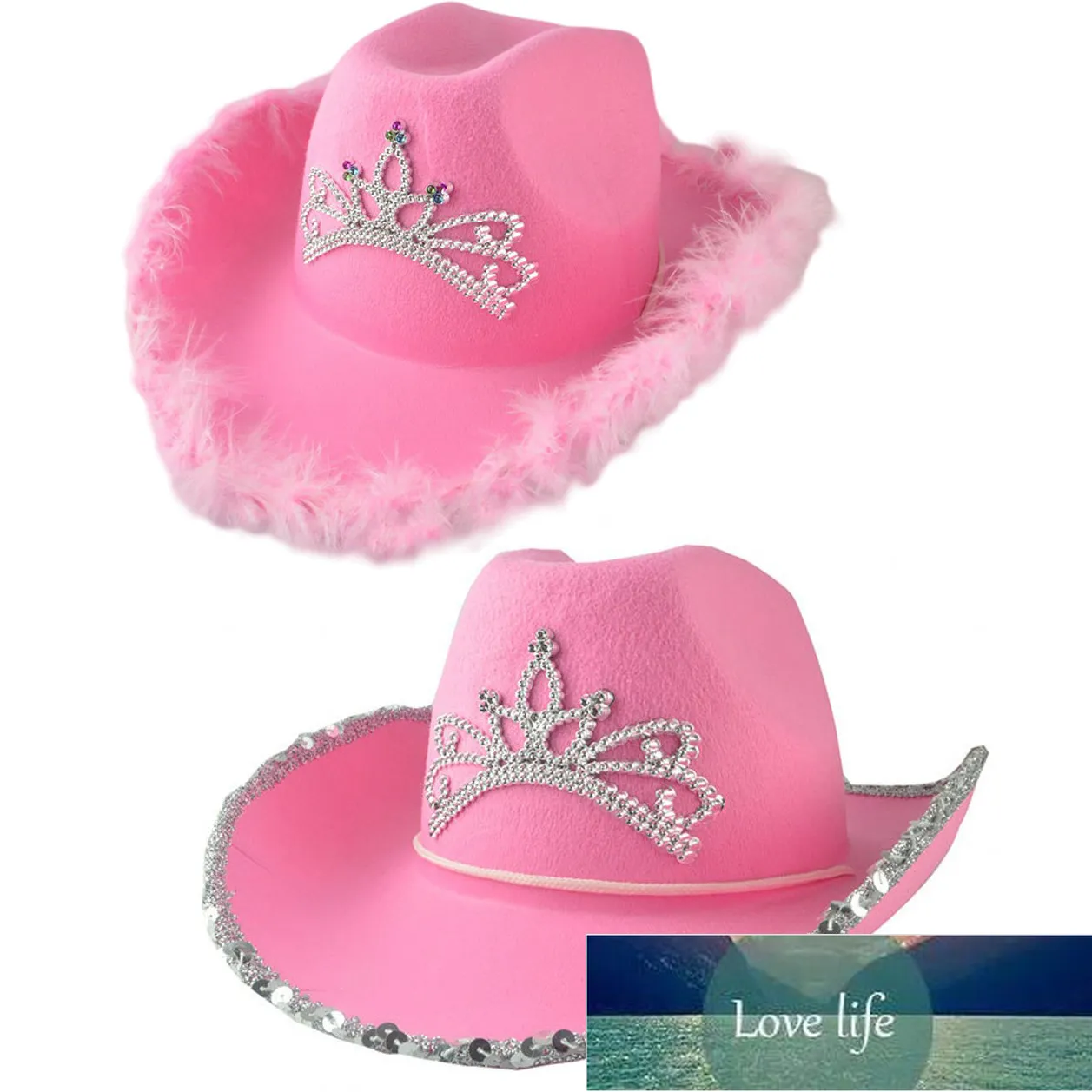 Rosa Cowboy-Kappen mit Krone, Western-Cowgirl-Hut für Damen, Mädchen, Federrand/glänzende Pailletten, Tiara, Cowgirl-Hüte, Party-Fedora-Kappe, Fabrikpreis, Experten-Design, Qualität