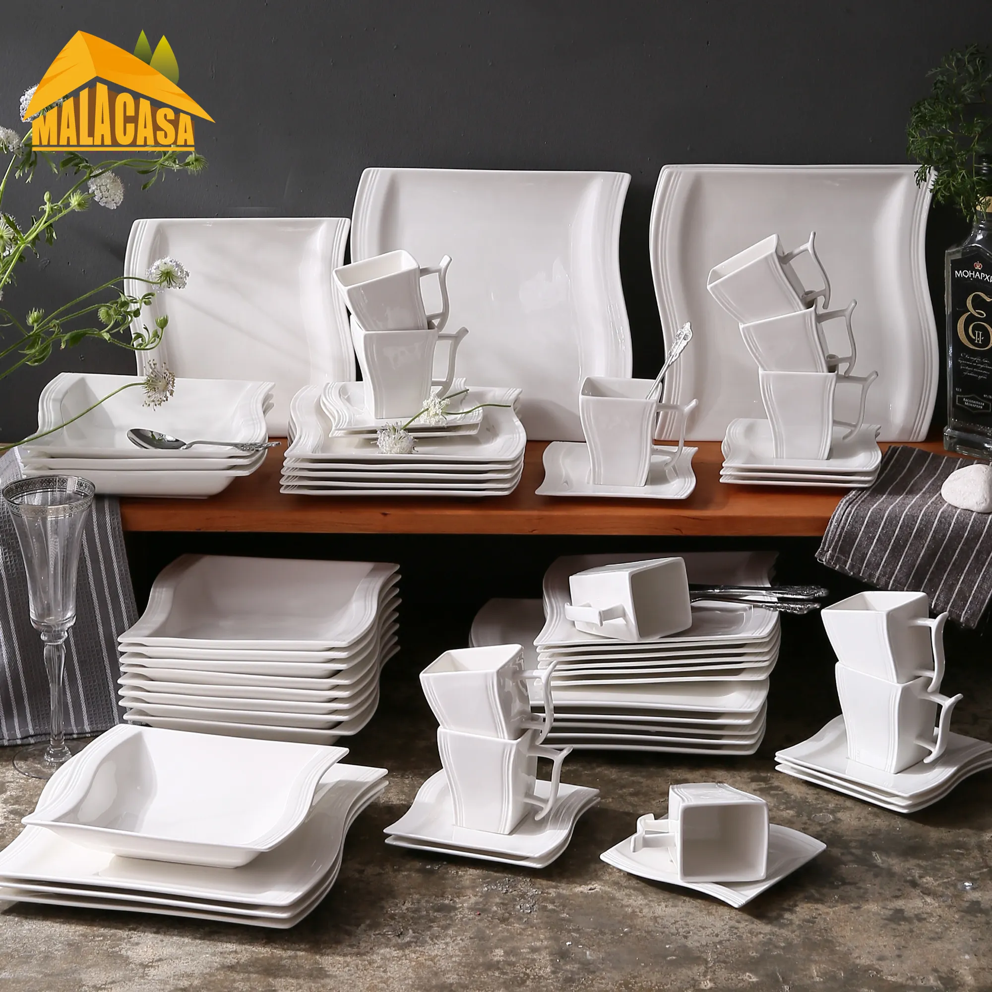 Malacasa flora serie 60-bitars keramisk vit porslin middag uppsättning med 12 * kopp, tallrik, efterrätt soppa middag tallrik dinnerware porslin set service för 12 personer