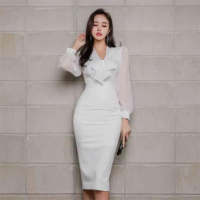 Weißes, figurbetontes Kleid für Frauen, Sommer, Korea, lange Spitze, Ärmel, Bogenausschnitt, Sommerkleid, sexy Damen, Büro, Midi-Kleider 210602