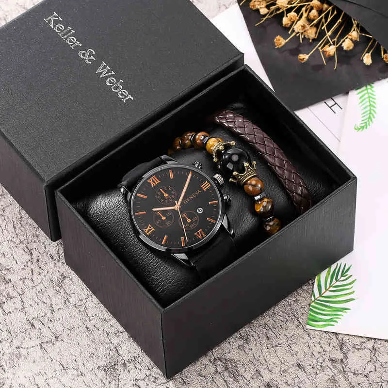 Orologio da uomo di personalità Set di braccialetti Orologi al quarzo nero da uomo per uomo Cinturino in pelle Fibbia ad ardiglione Regalo maschile marrone