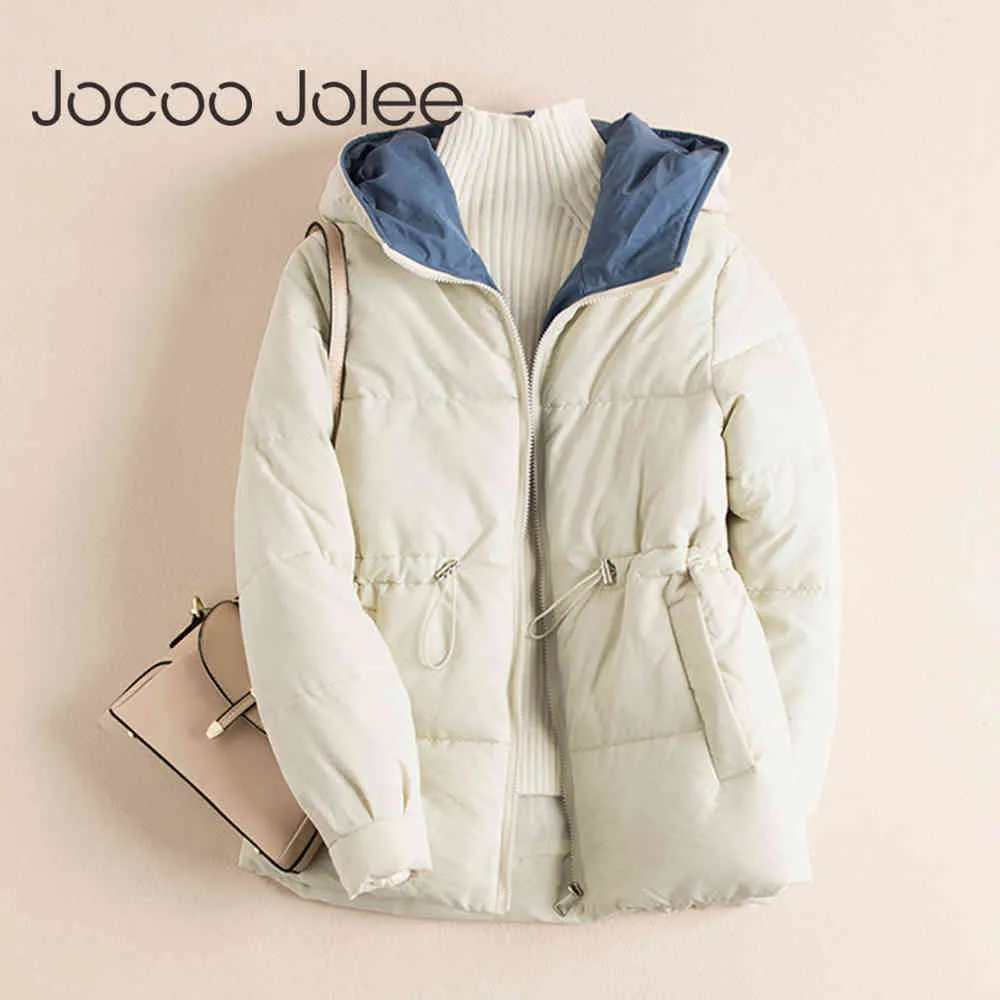 Women Zipper Parka Short Cotton-padded Jacket Hooded Warm Winter Jackets Harajuku Drawstring Coats Outwear 210428