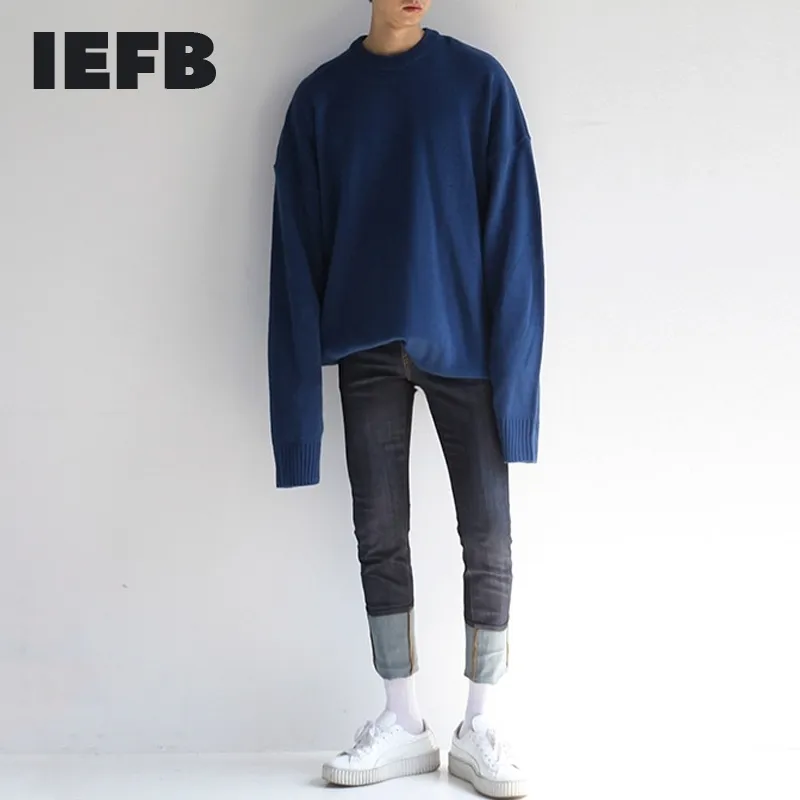 IEFB / homens desgaste cor sólida estilo coreano redondo camisola colarinho solto morcego manga moda pulôver masculino kintted tops 9y3250 210524