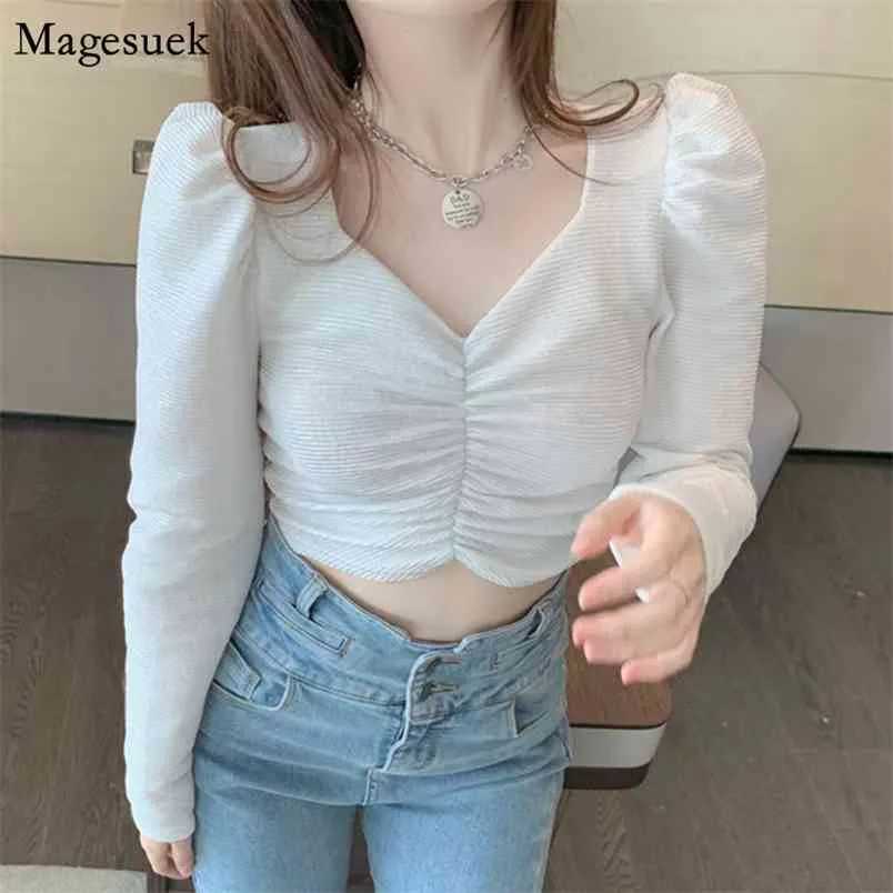 Puff Sleeve Short Sexy Top Shirts For Women Spring Pleated Office Lady White Blouse V-Neck Solid Casual Blosues 12961 210512