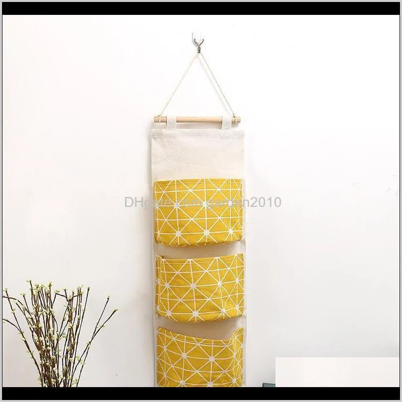 3 pockets hanging storage bag wall mounted wardrobe sundries hanging bag cotton linen bathroom toiletry storage wy12