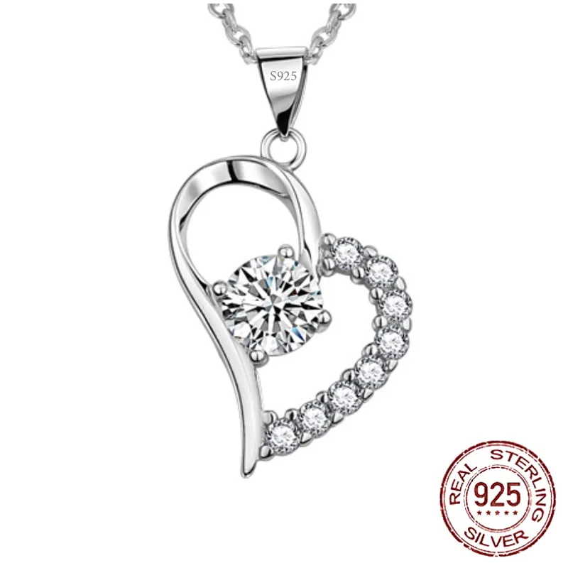 Herzförmige 925er Sterling Silber Anhänger Halsketten für Frauen 5A Klar Cubic Zirkon Mädchen Jubiläum Fine Schmuck D-122