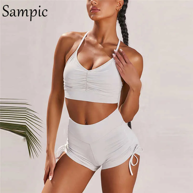 SAMPIC OUTFITS FEMME Kläder Vit Sport Skinny Tracksuit Sommar Kvinnor Casual Sexy Crop Tops och Biker Shorts Två Piece Set Y0702