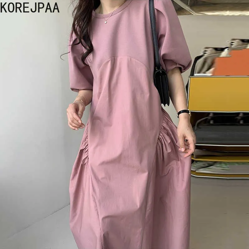 Korejpaa Femmes Robe D'été Corée Chic Français Rétro Col Rond Couture Conception Plissée Lâche Big Swing Manches Bouffantes Robe 210526