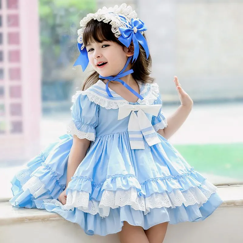 Navy Blue Lolita Style Summer Dress For Baby Girls Spanish Princess Layered Party Costume With Headwear Cotton Short Sleeve Above Knee From Wuhuamaa 46.06 DHgate.Com